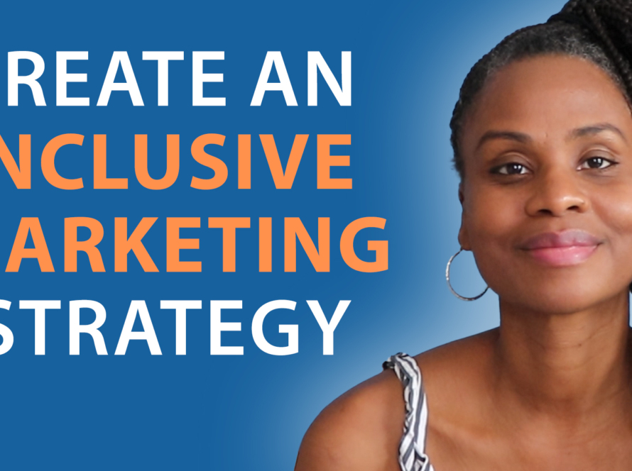 Sonia is smiling, with long hair, gathered to one side. she is in front of a blue background where we can read, Create an Inclusive Marketing Strategy.