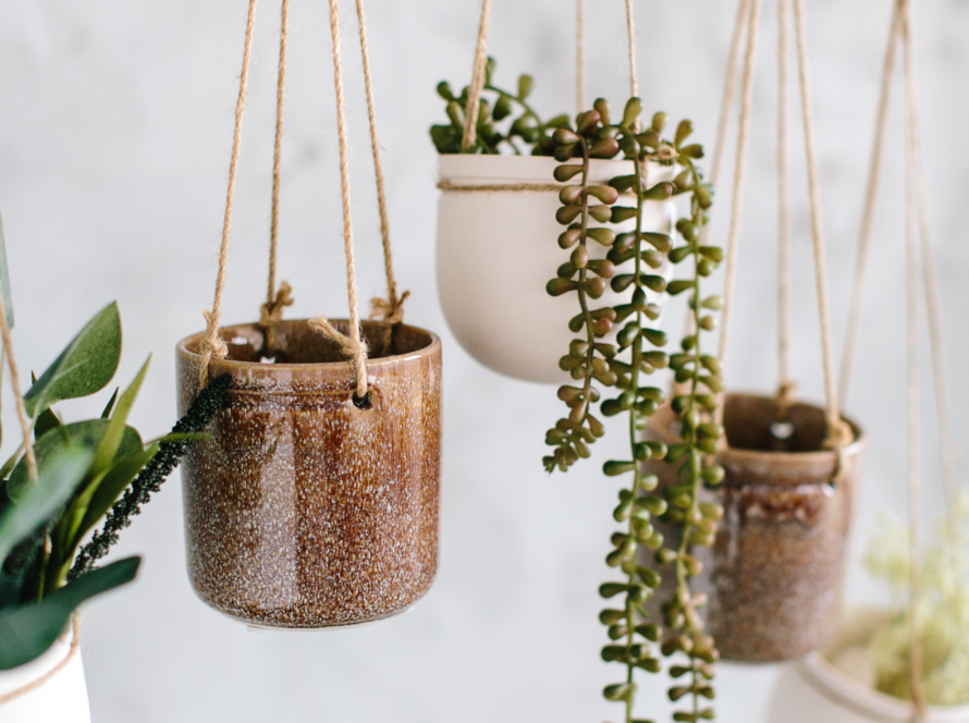 In this image you can see five hanging pots. Two of them are brown.