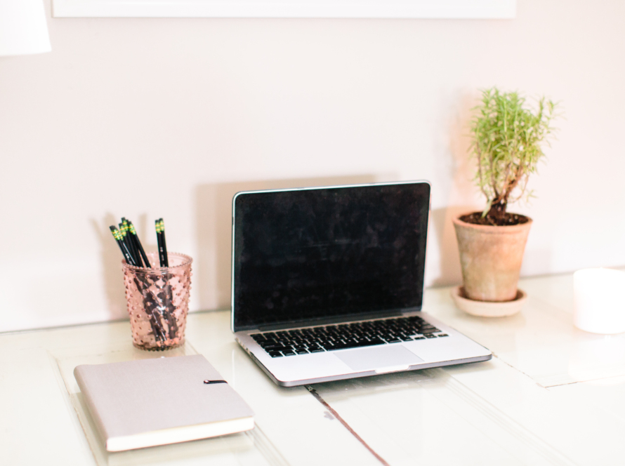 In the image we can see a laptop, a pencil holder, an agenda and a vase in perfect harmony.