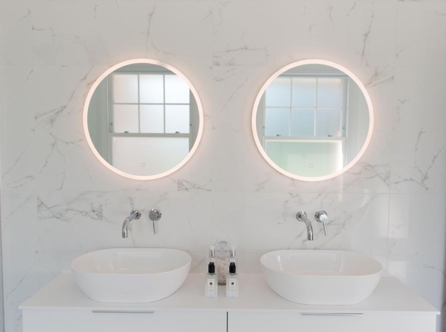 In the image, we can see two labs with their mirrors in a bathroom.