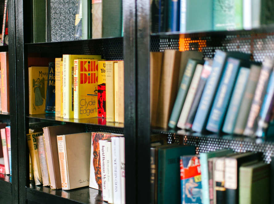 In the image we can see a library with a variety of books.
