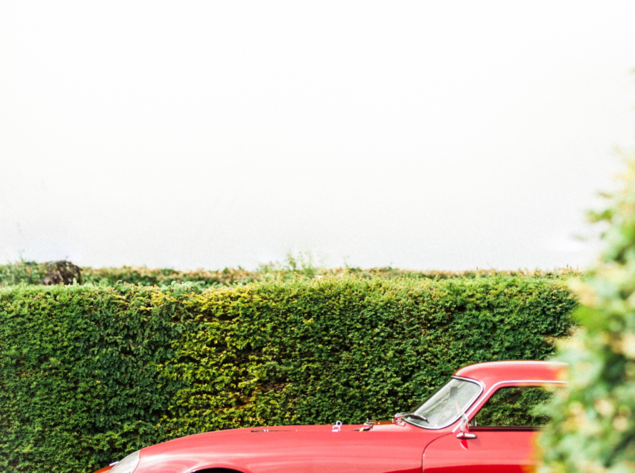 In the image, we can see the front of a luxury vehicle in the garden of a mansion.