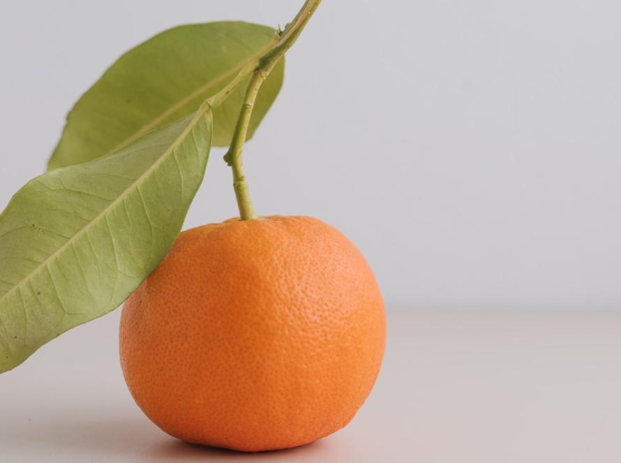 an orange sits on a grey table. At the top of the orange is the stem with two green leaves sticking out on the left side.