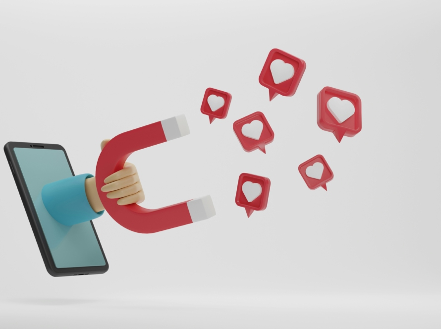 An image of a cell phone on a grey background. A white hand is reaching out of the phone with a red magnet -- with white ends. The magnet is attracting 6 years inside quote bubbles - to signify customer acquisition strategies.