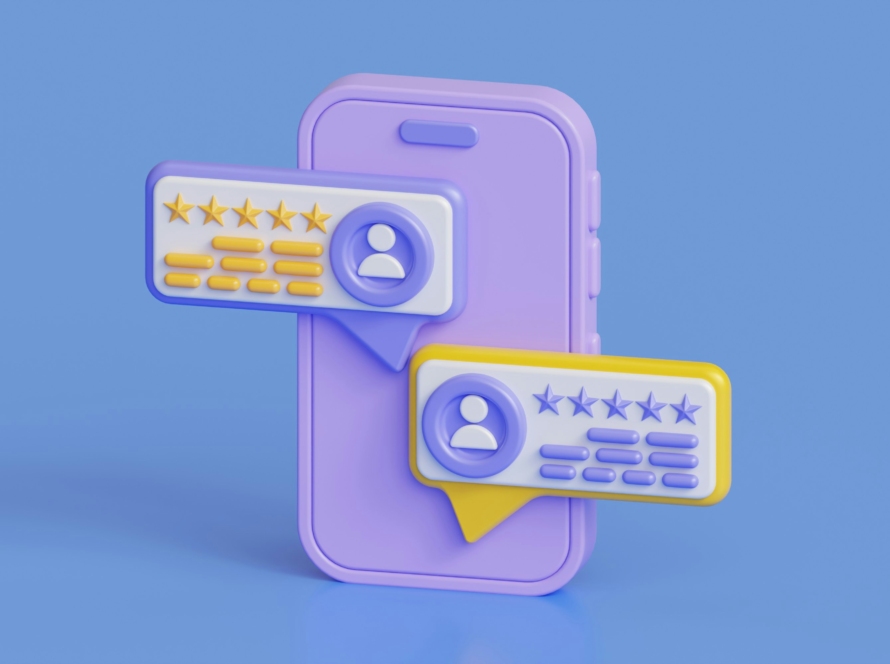 An image of the back of a purple phone case on a blue background. Coming out of the phone case are two "testimonial" or relevant social proof callouts -- showcasing 5 stars and a glowing review.