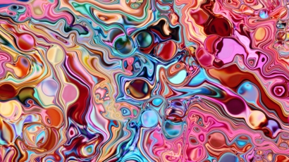 A liquid mosaic. ots of pink, bluge, grey, green, and red. Signifies mosaic marketing.