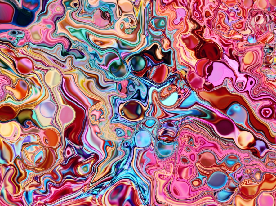 A liquid mosaic. ots of pink, bluge, grey, green, and red. Signifies mosaic marketing.