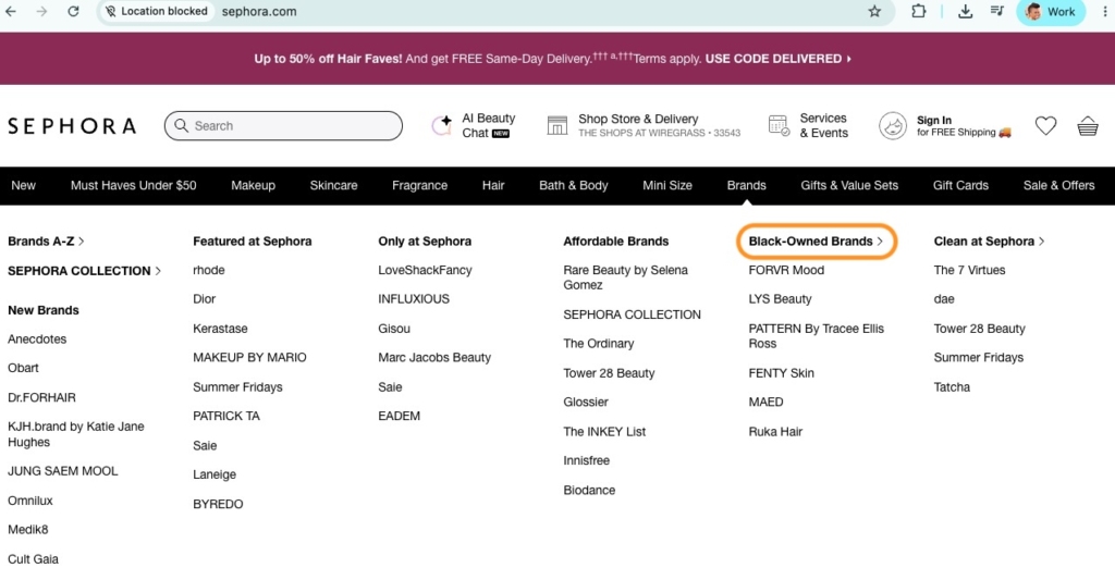 Sephora.com's Brands menu, with Black-Owned Brands highlighted as its own category next to Only at Sephora, Affordable Brands and Clean at Sephora. It lists brands including FORVR Mood, LYS Beauty, PATTERN by Tracee Ellis Ross, FENTY Skin, MAED and Ruka Hair.