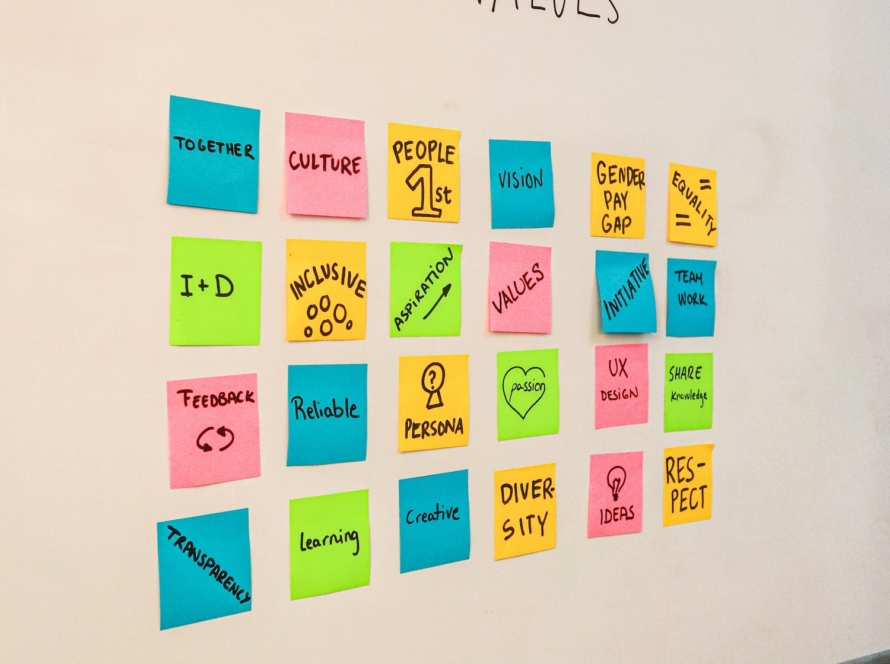Company brand values written on a whiteboard surrounded by colorful sticky notes representing culture, inclusion, people, vision, diversity, teamwork and other organizational values.